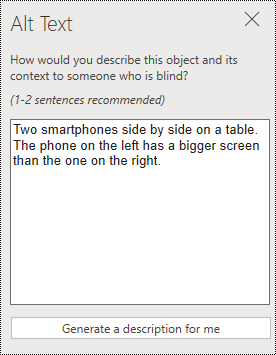 Alt text dialog in PowerPoint Online.